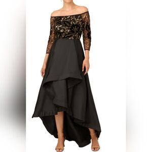 Adrianna Papell Elegant Black Gold Off-Shoulder High-low Gown 6P